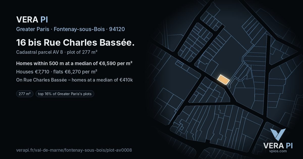 16 bis Rue Charles Bassée, Fontenay-sous-Bois at night – the plot lit, the parcels around coloured by the prices near them