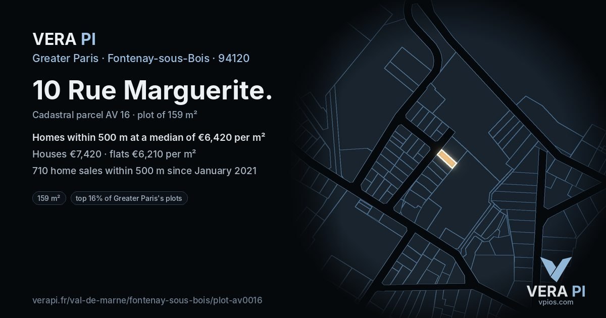 10 Rue Marguerite, Fontenay-sous-Bois at night – the plot lit, the parcels around coloured by the prices near them
