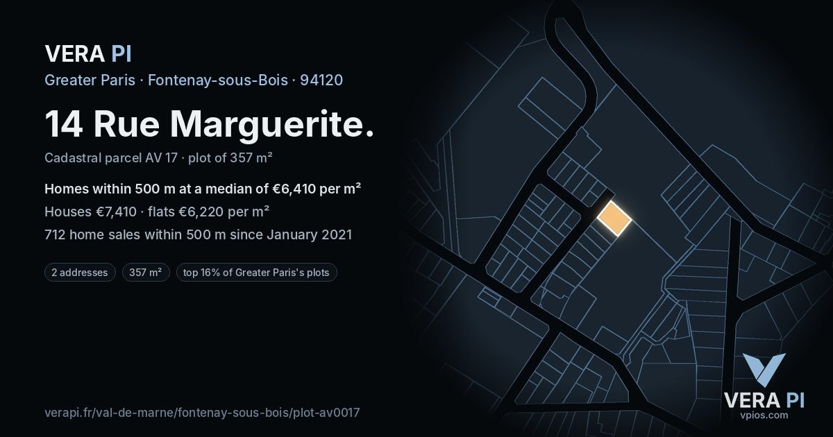 14 Rue Marguerite, Fontenay-sous-Bois at night – the plot lit, the parcels around coloured by the prices near them