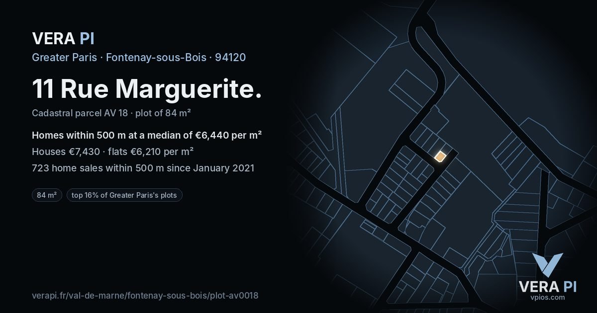 11 Rue Marguerite, Fontenay-sous-Bois at night – the plot lit, the parcels around coloured by the prices near them