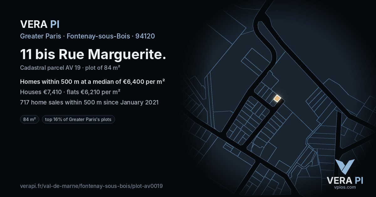 11 bis Rue Marguerite, Fontenay-sous-Bois at night – the plot lit, the parcels around coloured by the prices near them