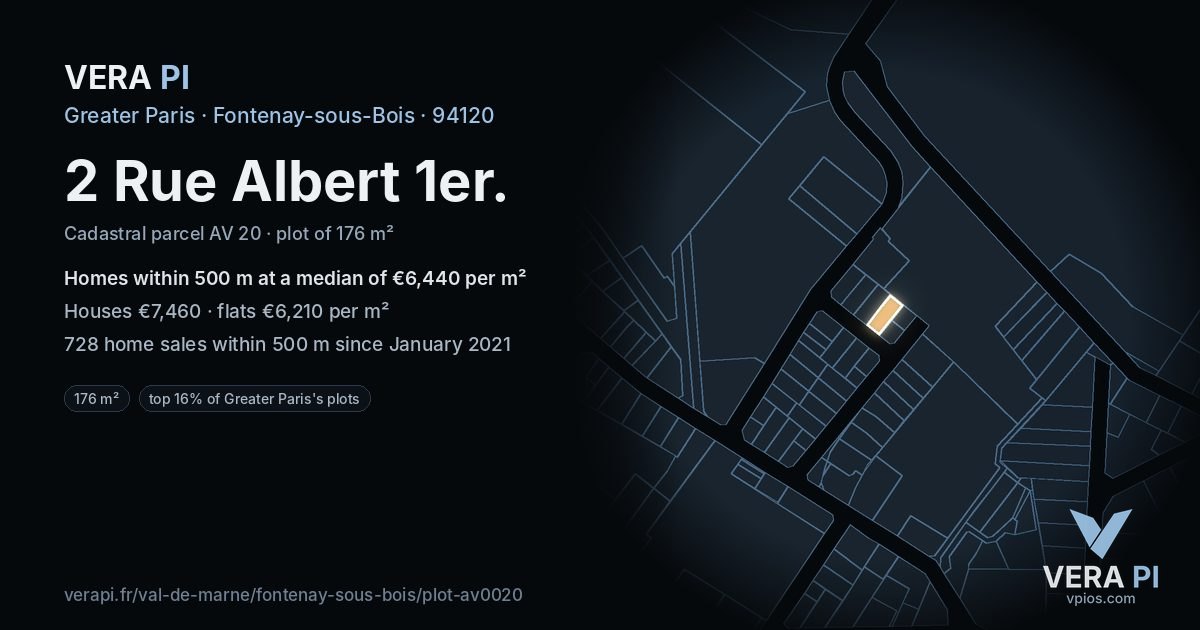 2 Rue Albert 1er, Fontenay-sous-Bois at night – the plot lit, the parcels around coloured by the prices near them