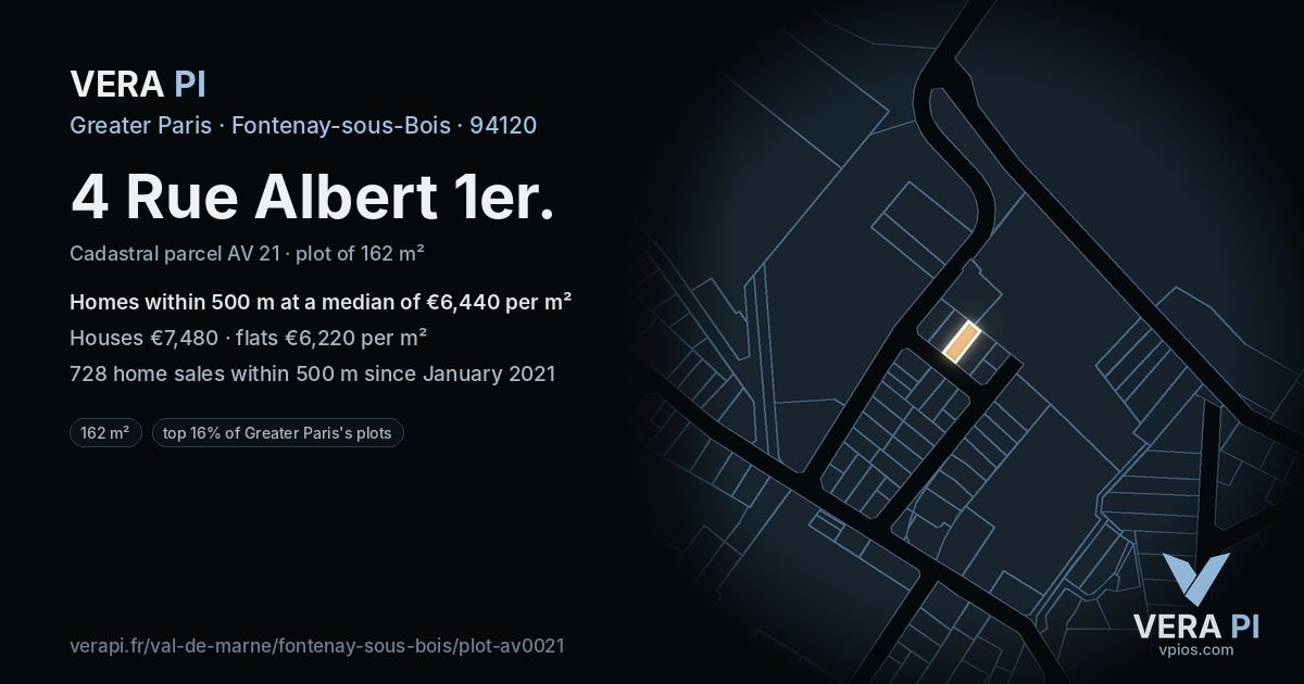 4 Rue Albert 1er, Fontenay-sous-Bois at night – the plot lit, the parcels around coloured by the prices near them