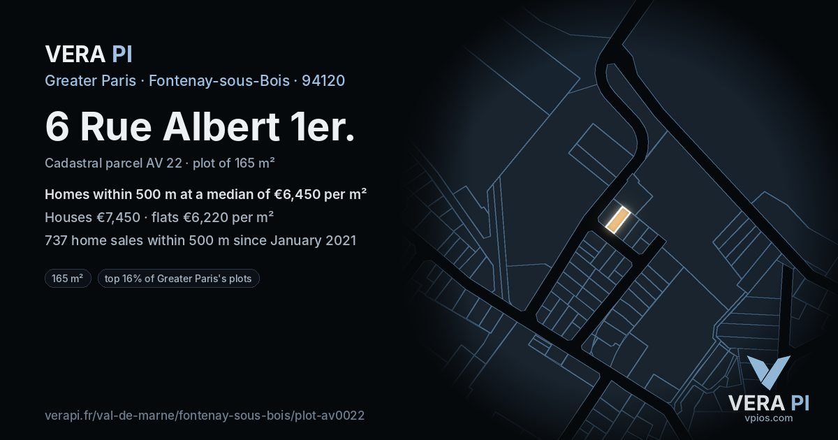 6 Rue Albert 1er, Fontenay-sous-Bois at night – the plot lit, the parcels around coloured by the prices near them