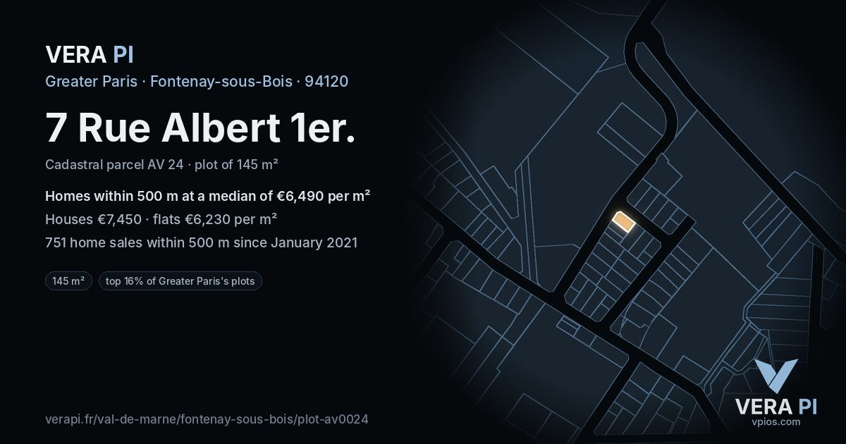 7 Rue Albert 1er, Fontenay-sous-Bois at night – the plot lit, the parcels around coloured by the prices near them