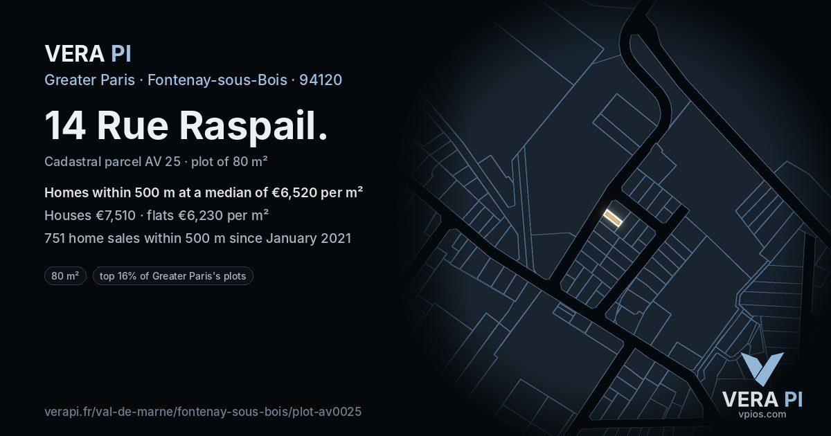 14 Rue Raspail, Fontenay-sous-Bois at night – the plot lit, the parcels around coloured by the prices near them