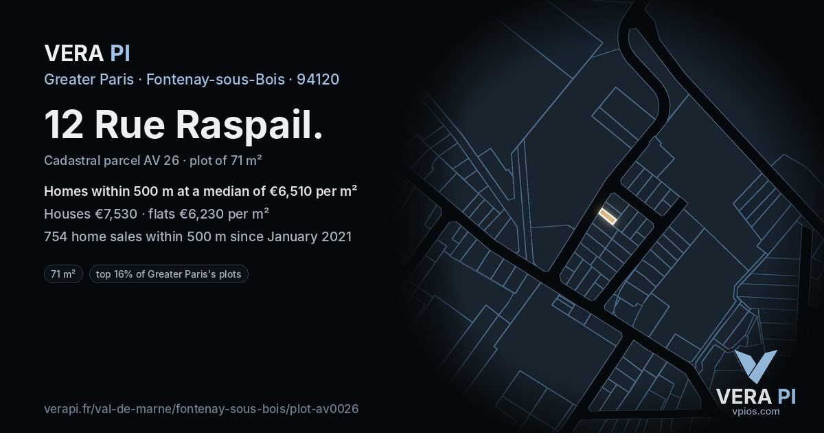 12 Rue Raspail, Fontenay-sous-Bois at night – the plot lit, the parcels around coloured by the prices near them