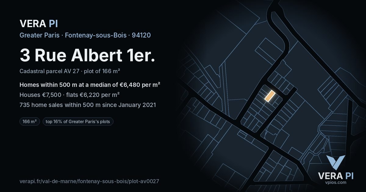 3 Rue Albert 1er, Fontenay-sous-Bois at night – the plot lit, the parcels around coloured by the prices near them