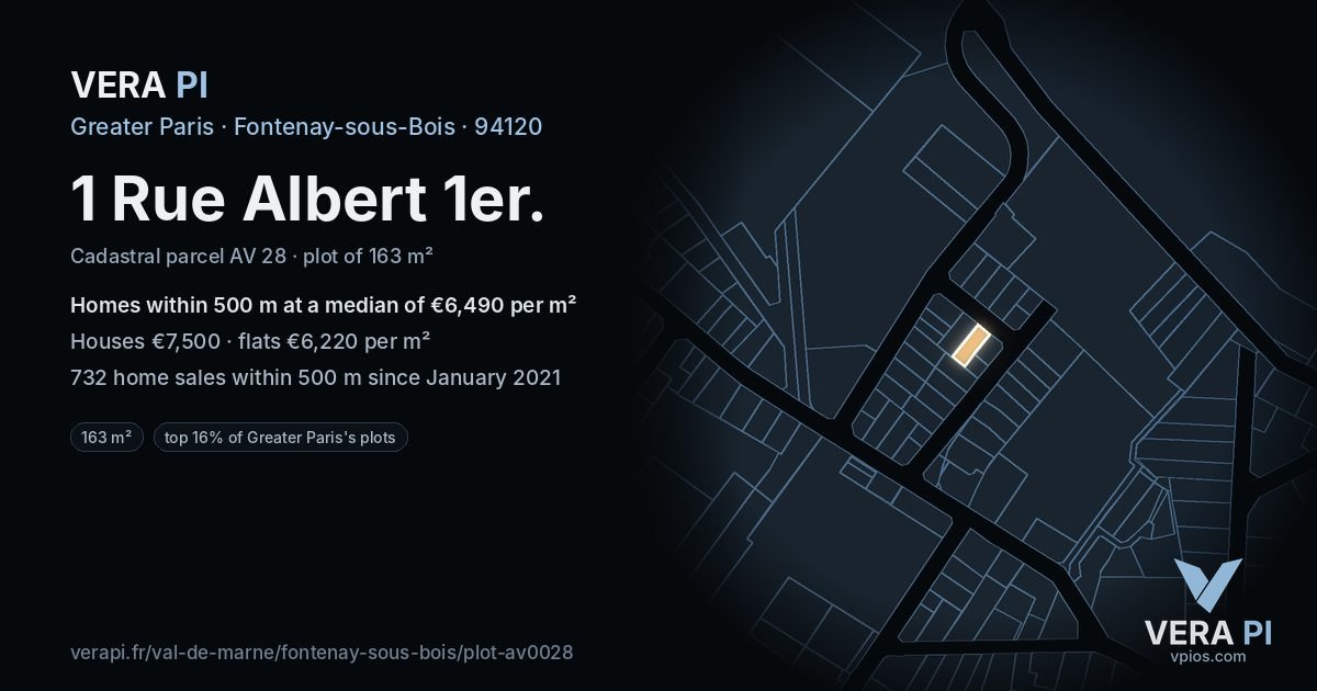 1 Rue Albert 1er, Fontenay-sous-Bois at night – the plot lit, the parcels around coloured by the prices near them