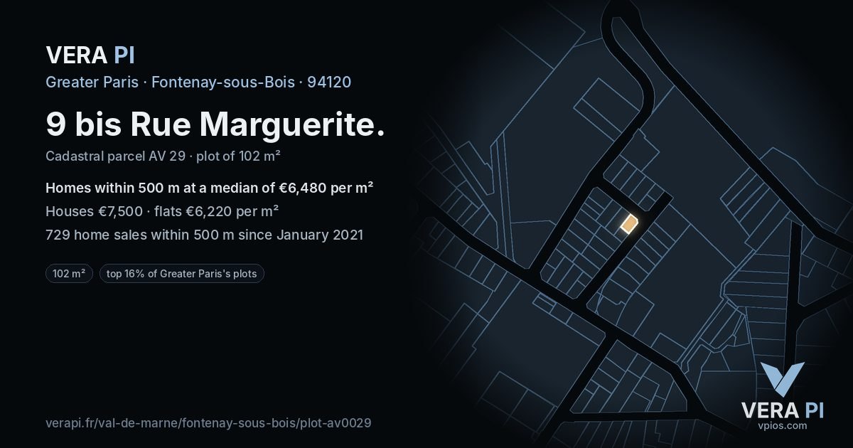 9 bis Rue Marguerite, Fontenay-sous-Bois at night – the plot lit, the parcels around coloured by the prices near them