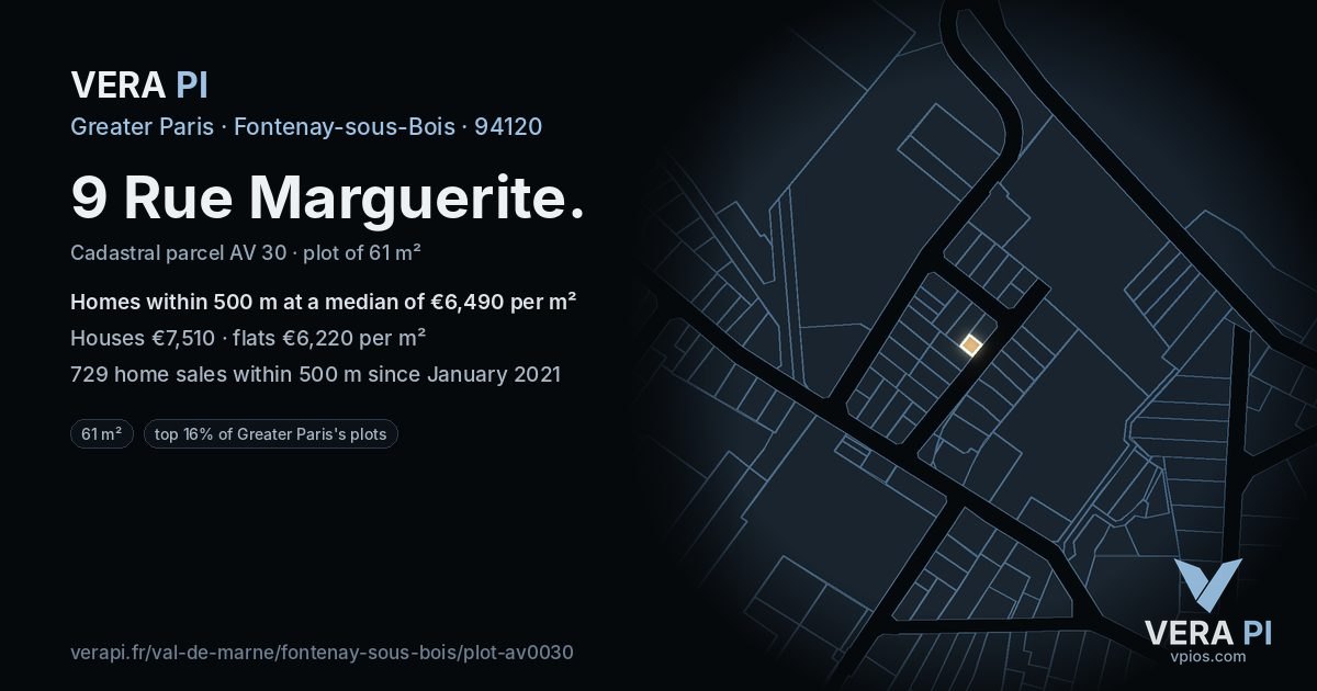 9 Rue Marguerite, Fontenay-sous-Bois at night – the plot lit, the parcels around coloured by the prices near them