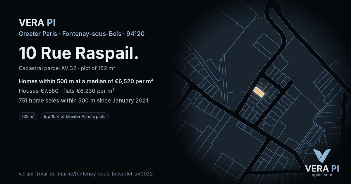 10 Rue Raspail, Fontenay-sous-Bois at night – the plot lit, the parcels around coloured by the prices near them