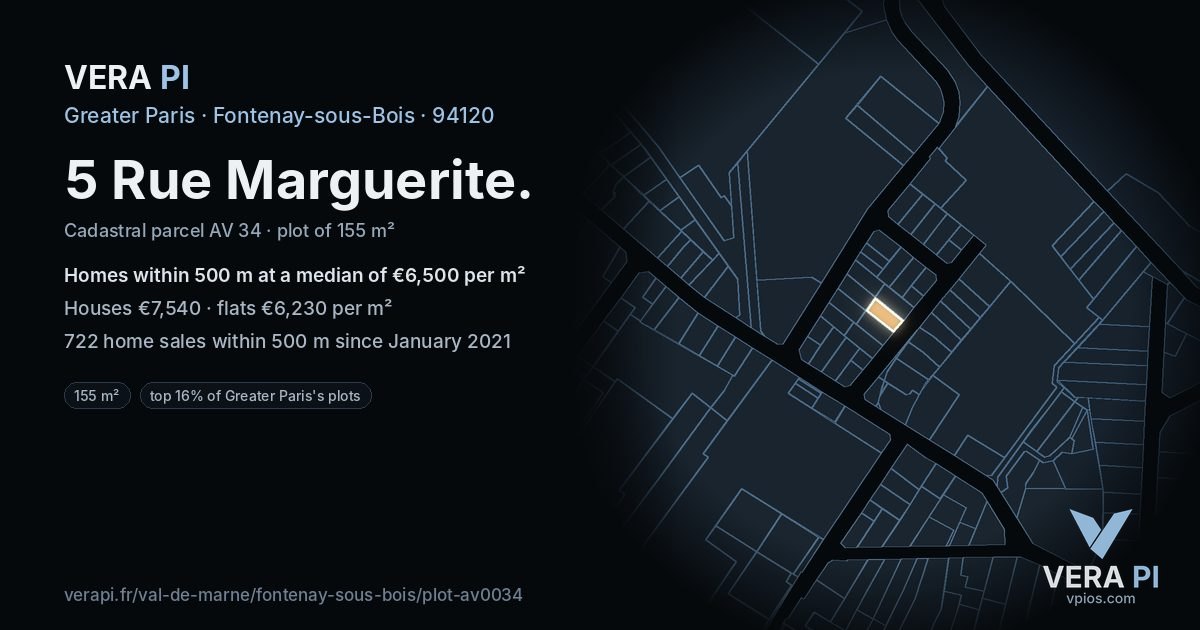 5 Rue Marguerite, Fontenay-sous-Bois at night – the plot lit, the parcels around coloured by the prices near them