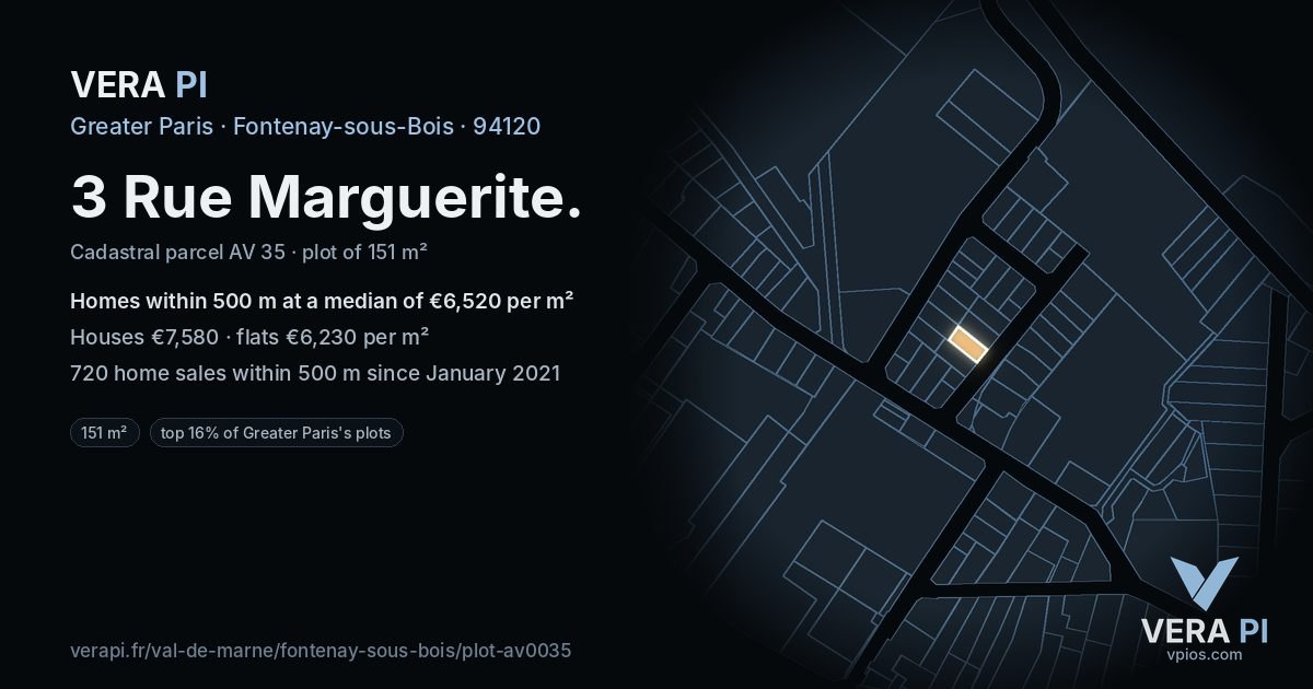 3 Rue Marguerite, Fontenay-sous-Bois at night – the plot lit, the parcels around coloured by the prices near them