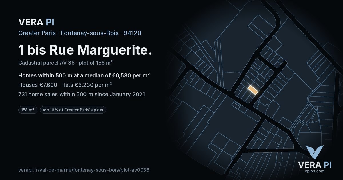 1 bis Rue Marguerite, Fontenay-sous-Bois at night – the plot lit, the parcels around coloured by the prices near them