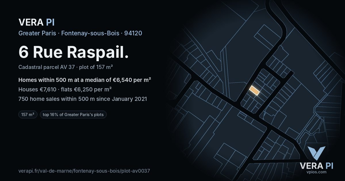 6 Rue Raspail, Fontenay-sous-Bois at night – the plot lit, the parcels around coloured by the prices near them