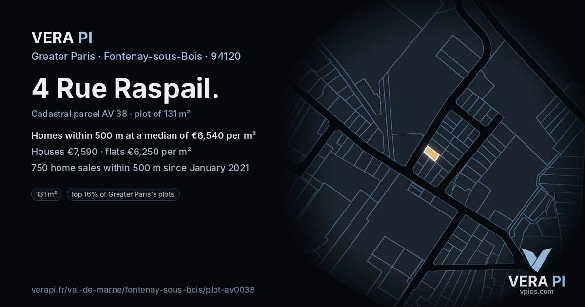 4 Rue Raspail, Fontenay-sous-Bois at night – the plot lit, the parcels around coloured by the prices near them