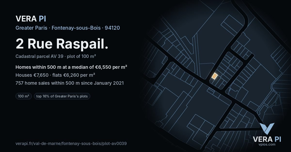 2 Rue Raspail, Fontenay-sous-Bois at night – the plot lit, the parcels around coloured by the prices near them