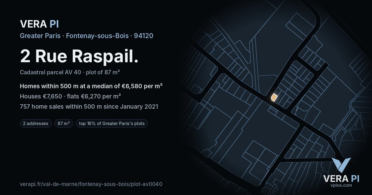 2 Rue Raspail, Fontenay-sous-Bois at night – the plot lit, the parcels around coloured by the prices near them
