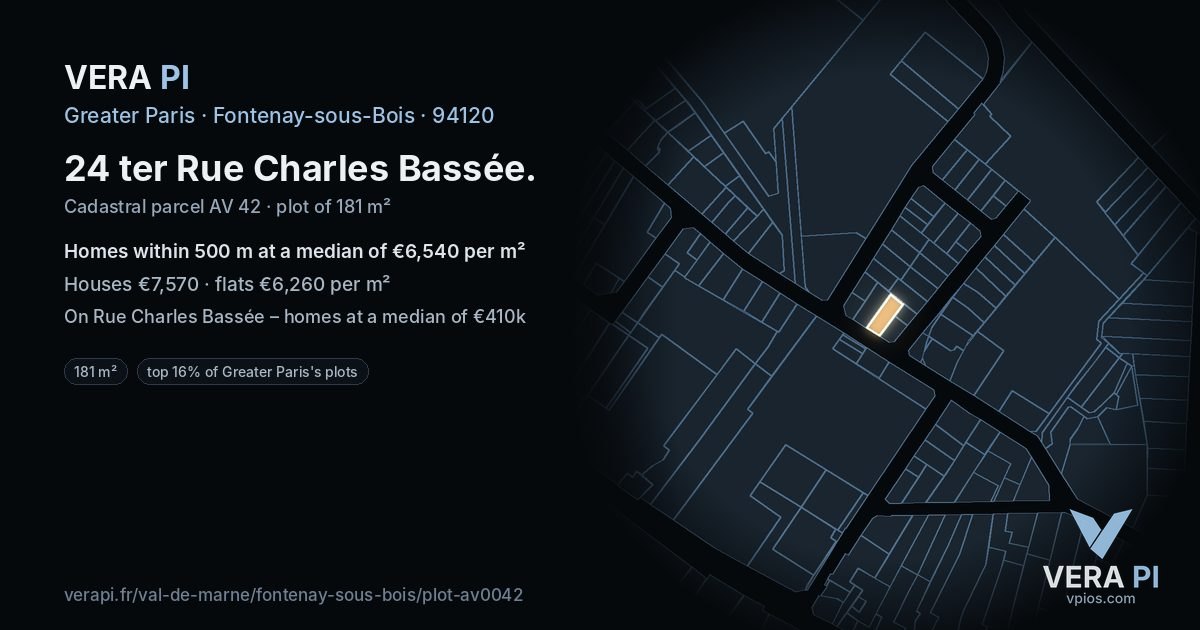 24 ter Rue Charles Bassée, Fontenay-sous-Bois at night – the plot lit, the parcels around coloured by the prices near them