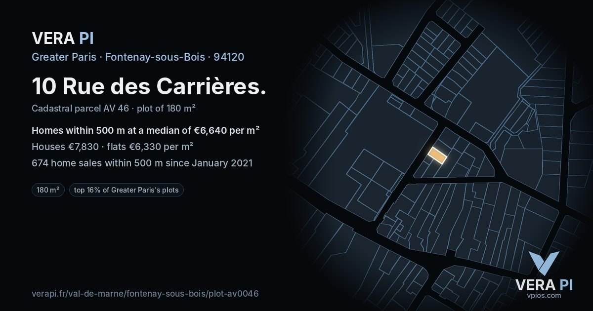 10 Rue des Carrières, Fontenay-sous-Bois at night – the plot lit, the parcels around coloured by the prices near them