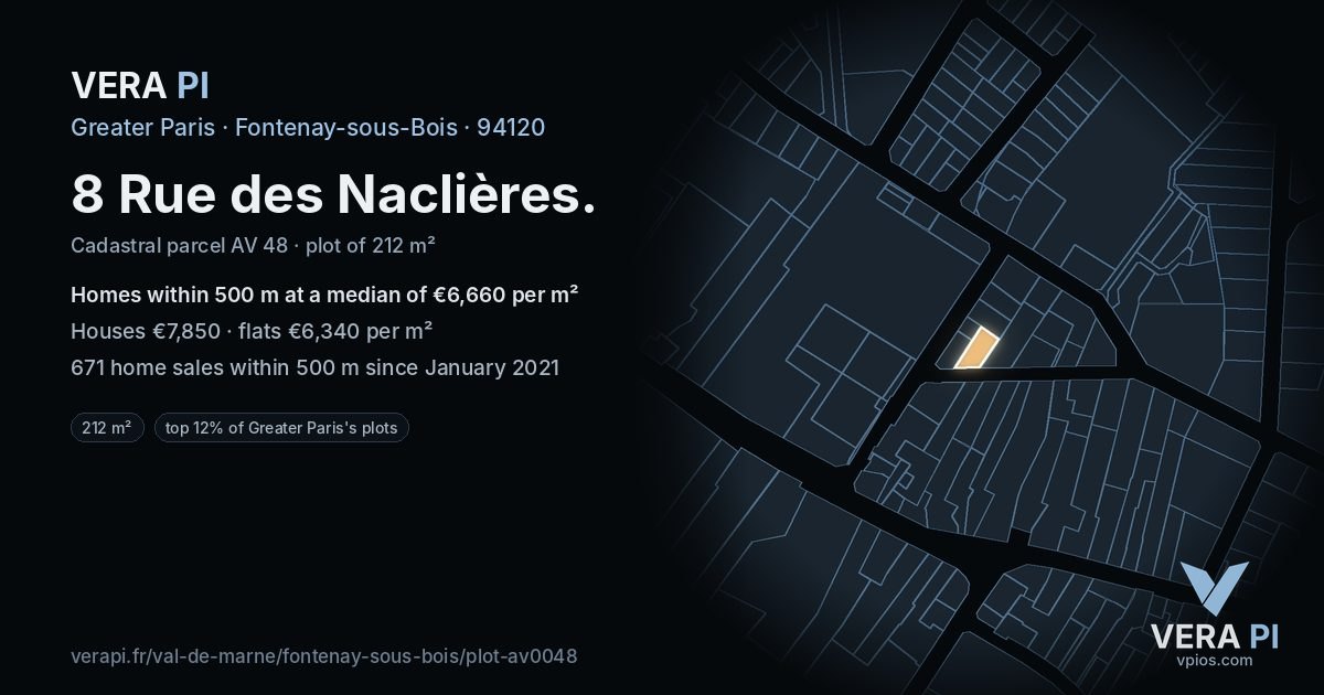 8 Rue des Naclières, Fontenay-sous-Bois at night – the plot lit, the parcels around coloured by the prices near them