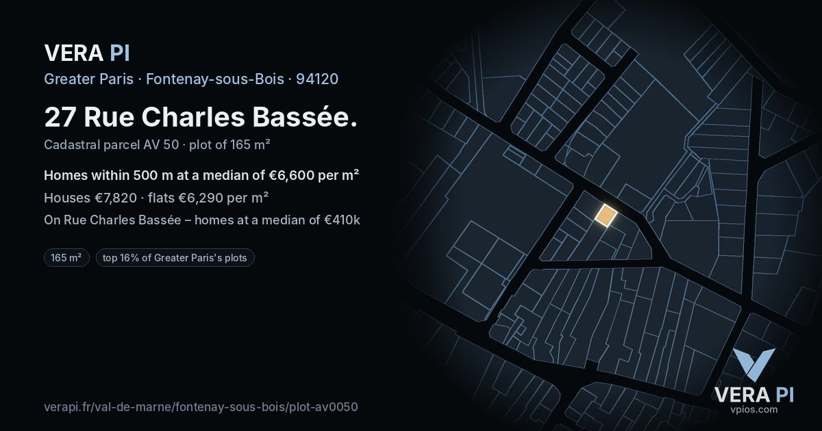 27 Rue Charles Bassée, Fontenay-sous-Bois at night – the plot lit, the parcels around coloured by the prices near them