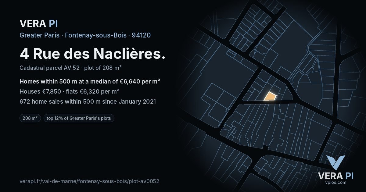 4 Rue des Naclières, Fontenay-sous-Bois at night – the plot lit, the parcels around coloured by the prices near them