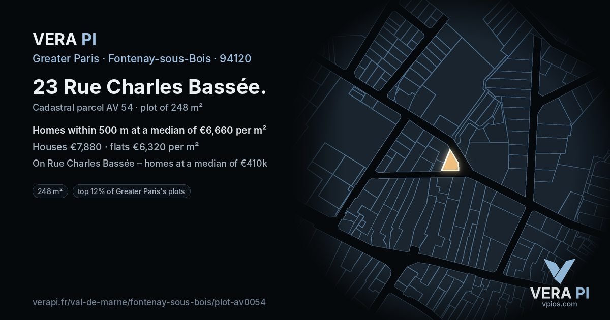 23 Rue Charles Bassée, Fontenay-sous-Bois at night – the plot lit, the parcels around coloured by the prices near them