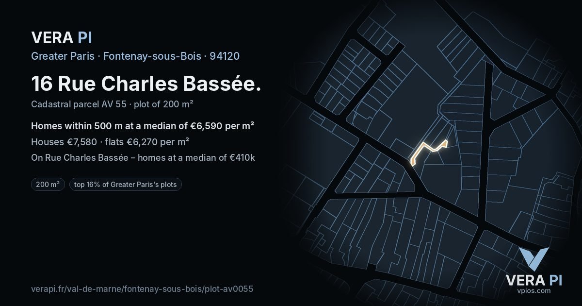 16 Rue Charles Bassée, Fontenay-sous-Bois at night – the plot lit, the parcels around coloured by the prices near them