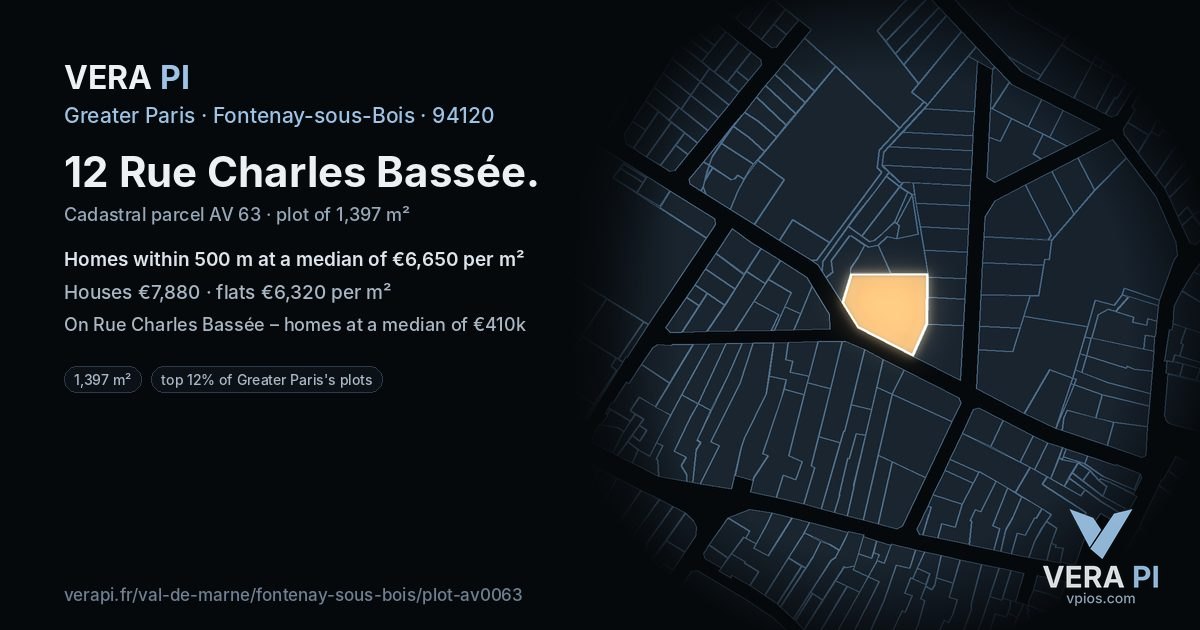 12 Rue Charles Bassée, Fontenay-sous-Bois at night – the plot lit, the parcels around coloured by the prices near them