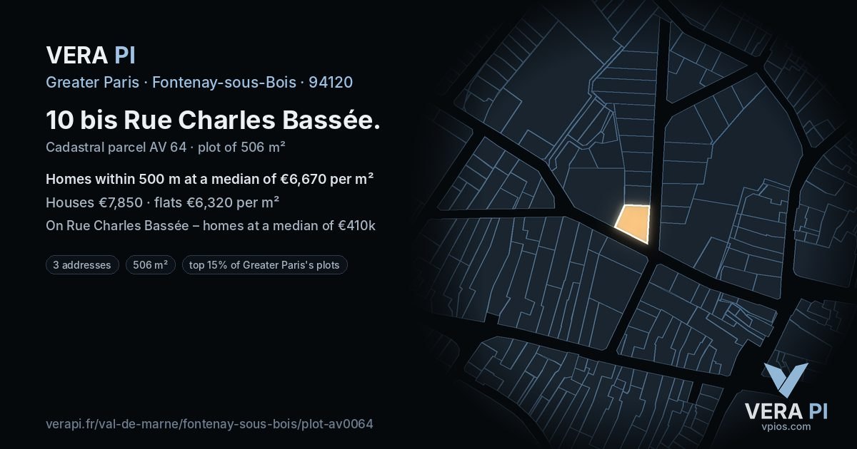 10 bis Rue Charles Bassée, Fontenay-sous-Bois at night – the plot lit, the parcels around coloured by the prices near them