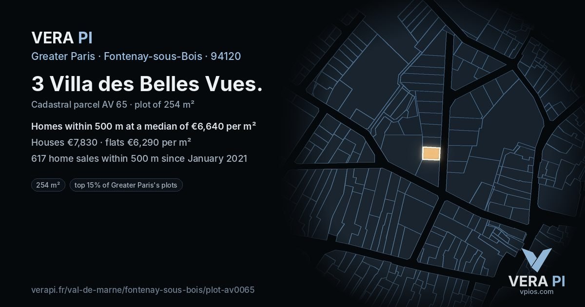 3 Villa des Belles Vues, Fontenay-sous-Bois at night – the plot lit, the parcels around coloured by the prices near them