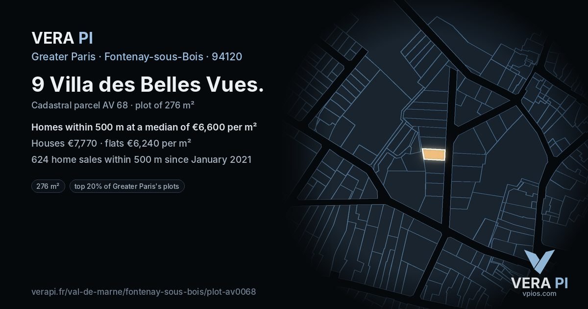 9 Villa des Belles Vues, Fontenay-sous-Bois at night – the plot lit, the parcels around coloured by the prices near them