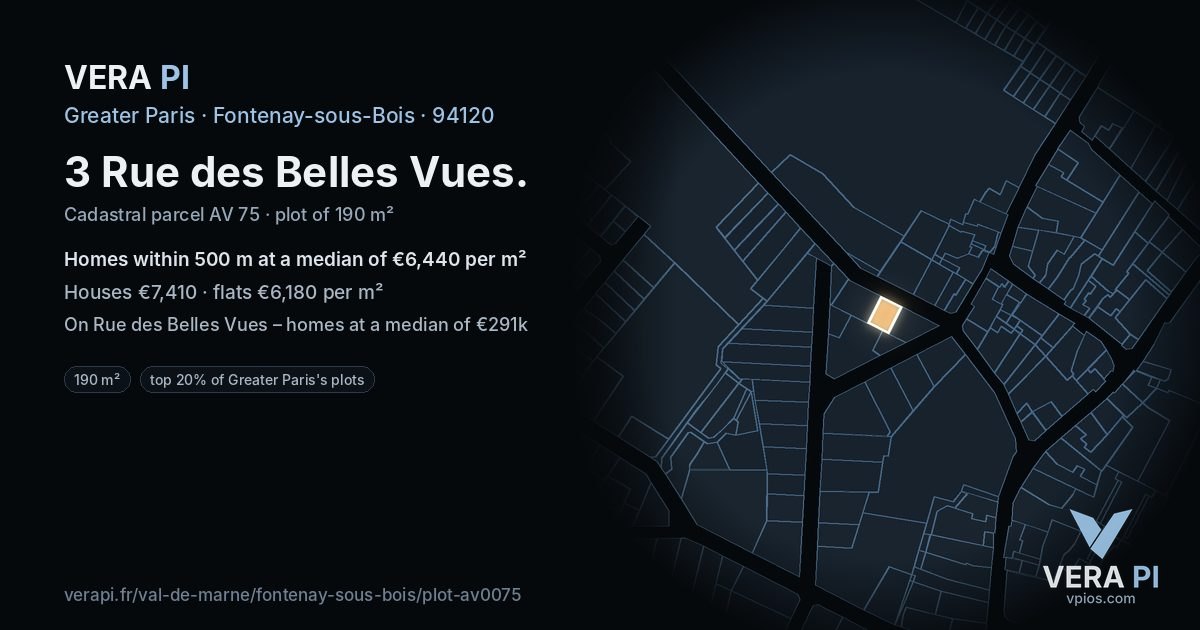 3 Rue des Belles Vues, Fontenay-sous-Bois at night – the plot lit, the parcels around coloured by the prices near them
