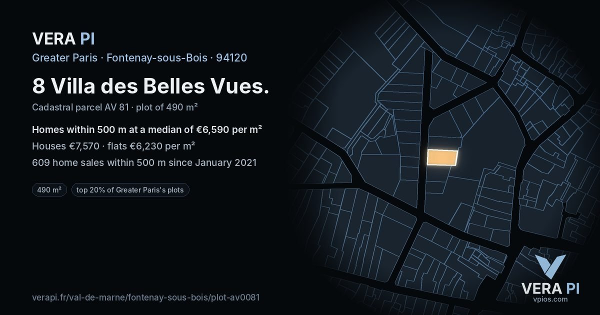8 Villa des Belles Vues, Fontenay-sous-Bois at night – the plot lit, the parcels around coloured by the prices near them