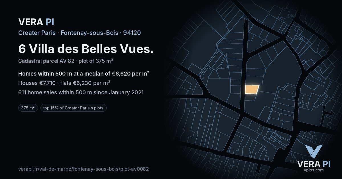 6 Villa des Belles Vues, Fontenay-sous-Bois at night – the plot lit, the parcels around coloured by the prices near them