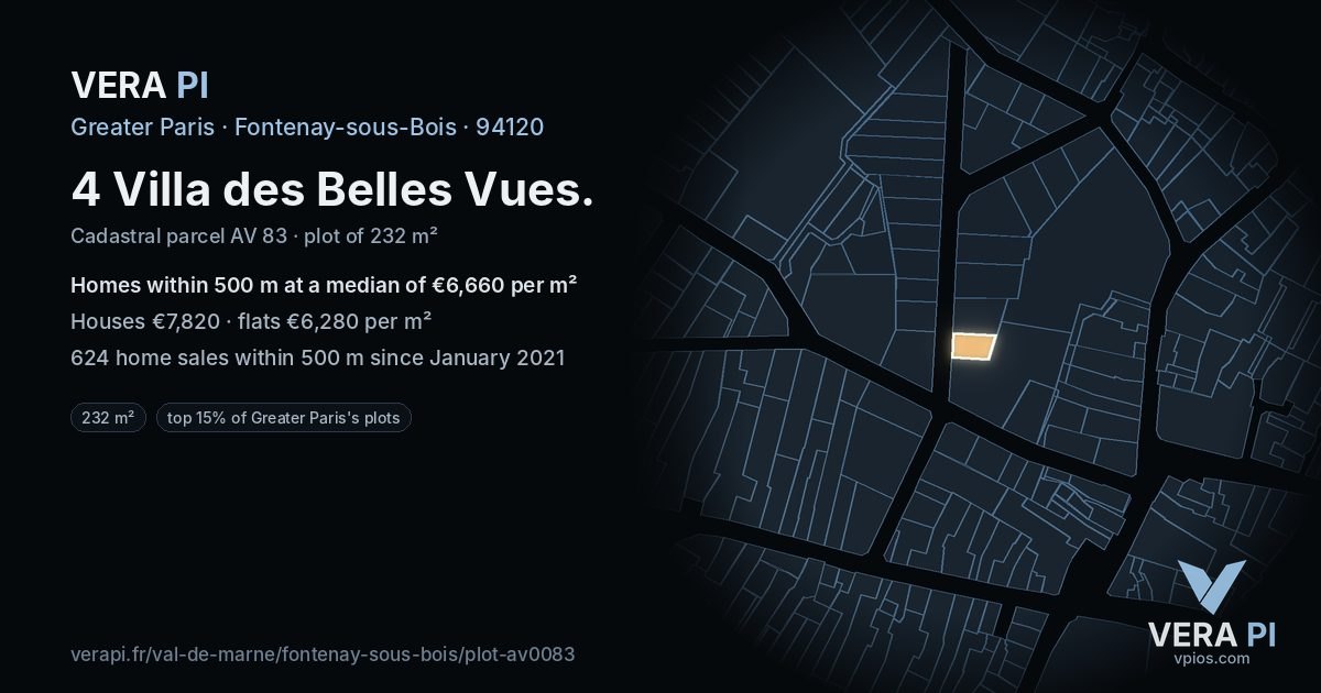 4 Villa des Belles Vues, Fontenay-sous-Bois at night – the plot lit, the parcels around coloured by the prices near them
