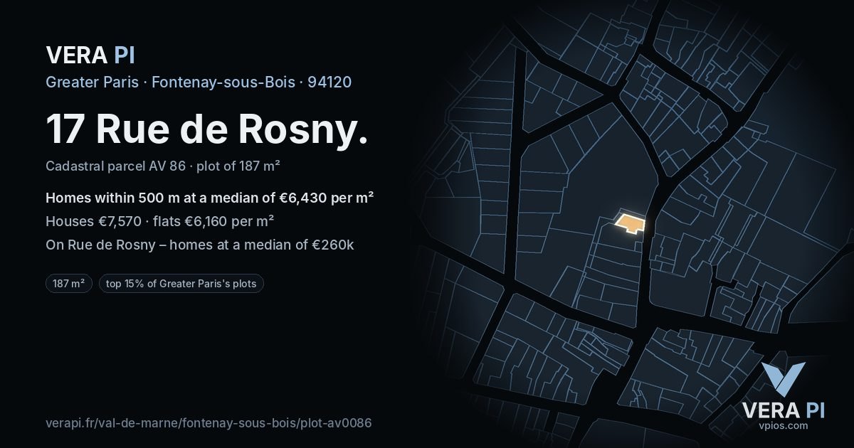 17 Rue de Rosny, Fontenay-sous-Bois at night – the plot lit, the parcels around coloured by the prices near them