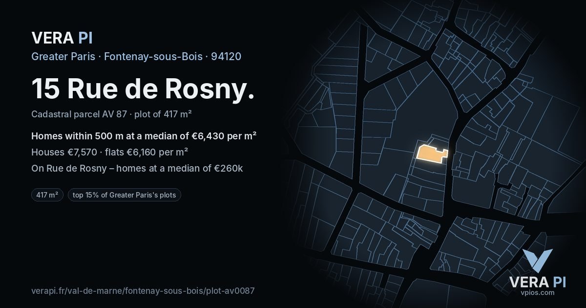 15 Rue de Rosny, Fontenay-sous-Bois at night – the plot lit, the parcels around coloured by the prices near them