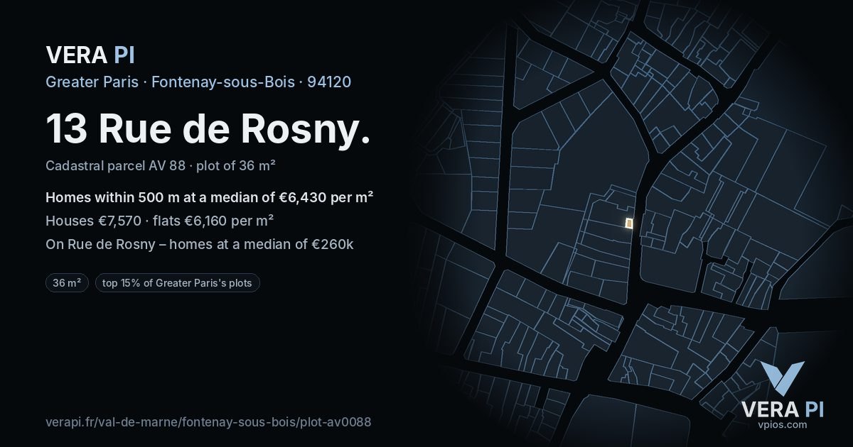 13 Rue de Rosny, Fontenay-sous-Bois at night – the plot lit, the parcels around coloured by the prices near them