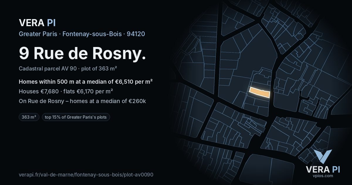 9 Rue de Rosny, Fontenay-sous-Bois at night – the plot lit, the parcels around coloured by the prices near them