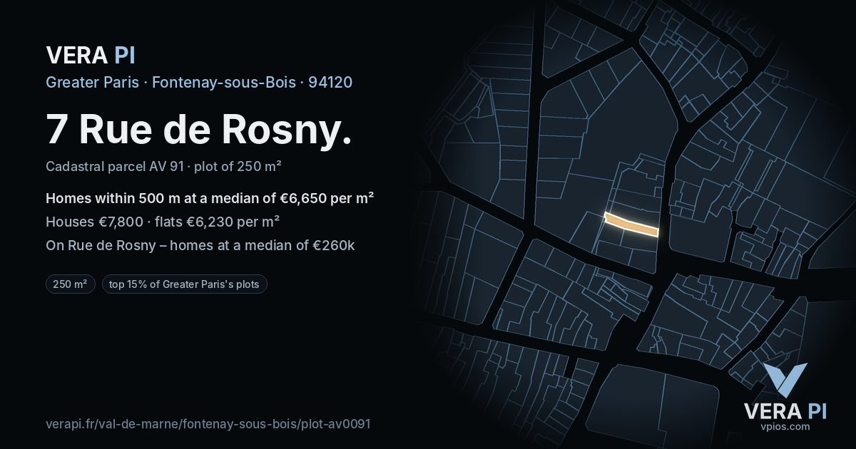 7 Rue de Rosny, Fontenay-sous-Bois at night – the plot lit, the parcels around coloured by the prices near them