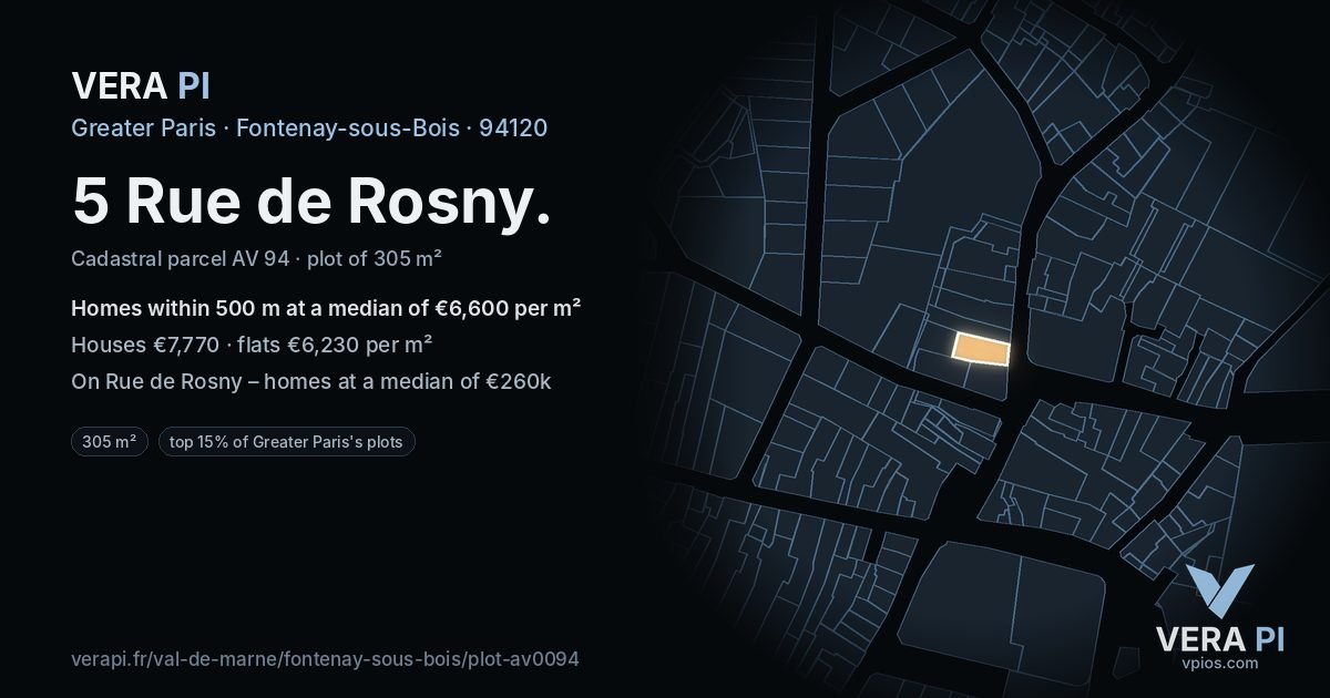 5 Rue de Rosny, Fontenay-sous-Bois at night – the plot lit, the parcels around coloured by the prices near them