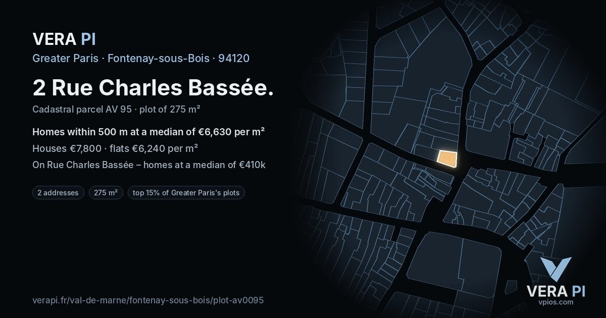 2 Rue Charles Bassée, Fontenay-sous-Bois at night – the plot lit, the parcels around coloured by the prices near them