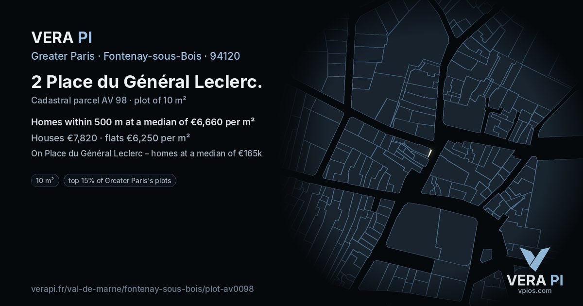2 Place du Général Leclerc, Fontenay-sous-Bois at night – the plot lit, the parcels around coloured by the prices near them