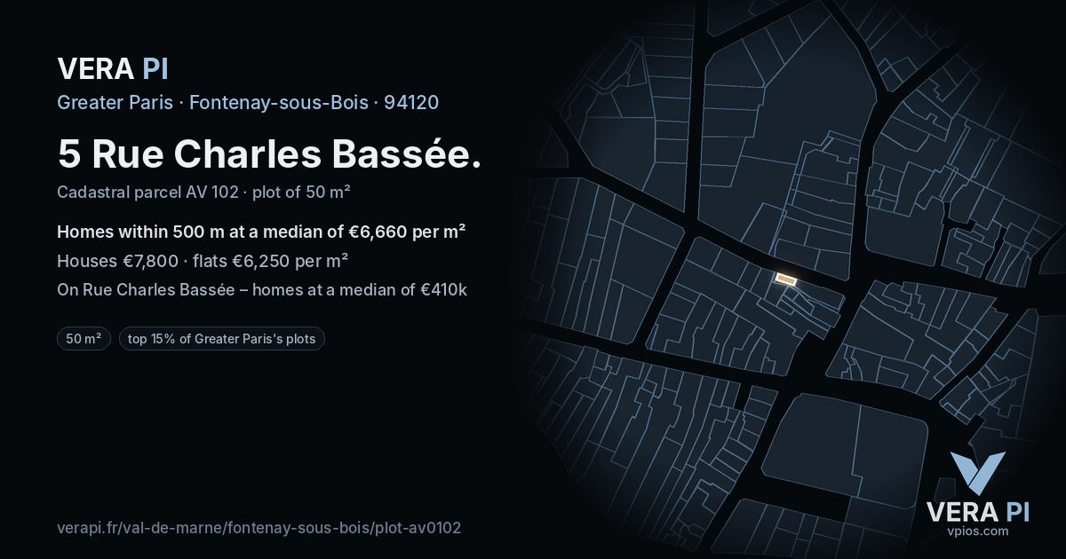 5 Rue Charles Bassée, Fontenay-sous-Bois at night – the plot lit, the parcels around coloured by the prices near them