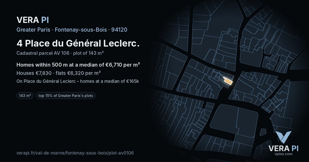 4 Place du Général Leclerc, Fontenay-sous-Bois at night – the plot lit, the parcels around coloured by the prices near them