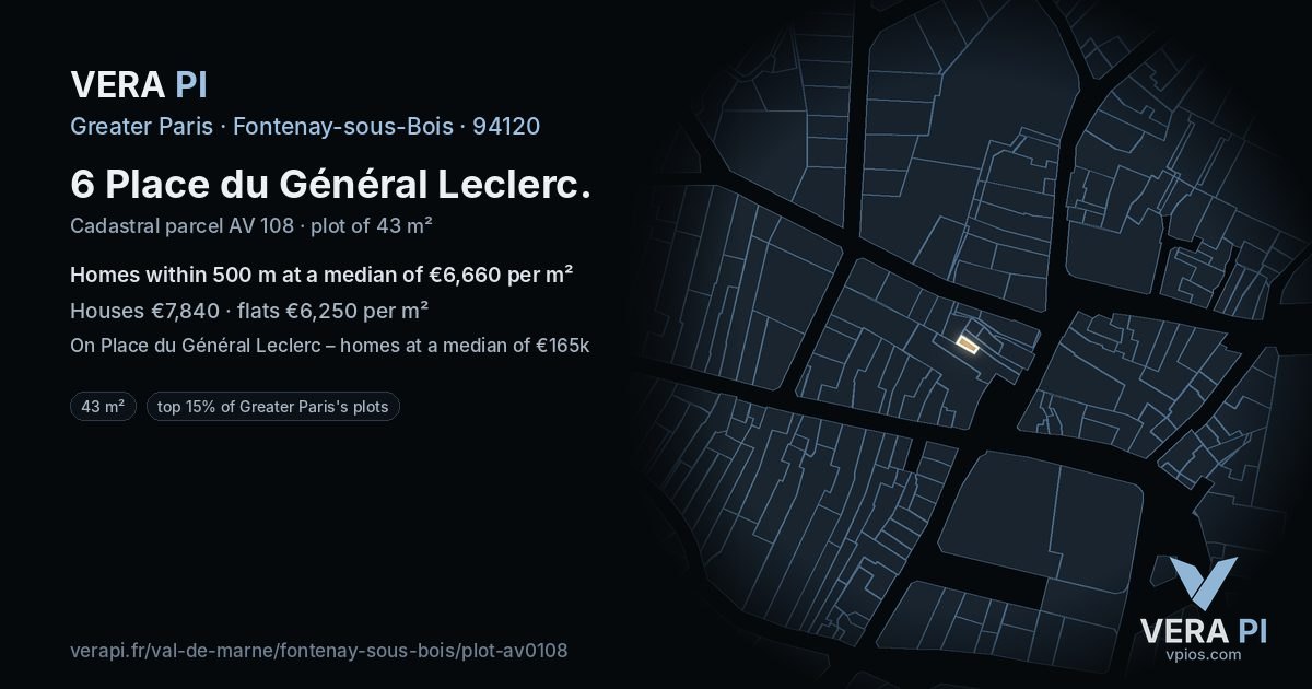 6 Place du Général Leclerc, Fontenay-sous-Bois at night – the plot lit, the parcels around coloured by the prices near them