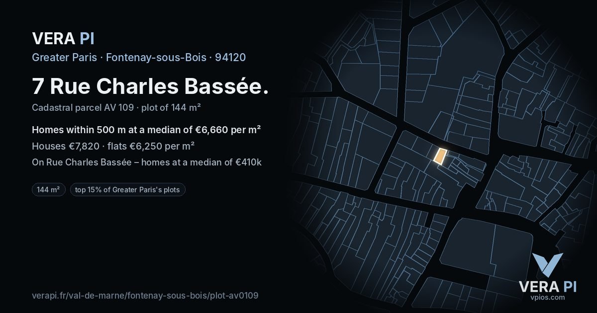 7 Rue Charles Bassée, Fontenay-sous-Bois at night – the plot lit, the parcels around coloured by the prices near them